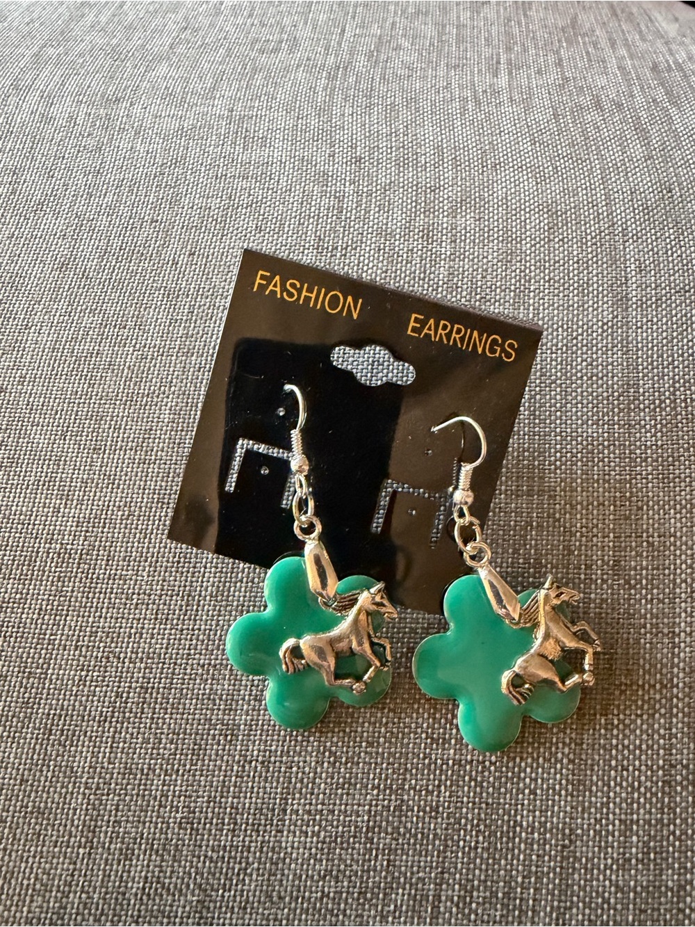 Green Clover Unicorn Dangle Earrings